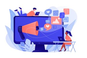 Marketing specialists and computer with megaphone and social media icons. Social media marketing, social networking, internet marketing concept.