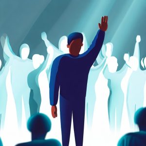 person waving in a crowded room trying to be seen